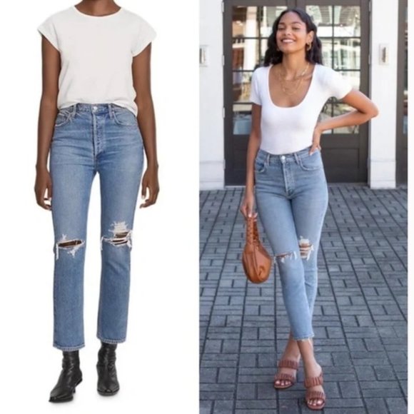 Agolde Riley High Rise Ripped Knee Revolve Straight Crop Distressed Jean Size 23 - Picture 1 of 7